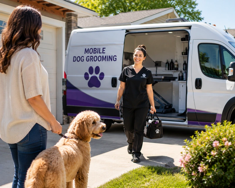 Professional mobile dog groomer arriving at a customer's home to provide convenient at-home dog grooming services in Maryville, TN.