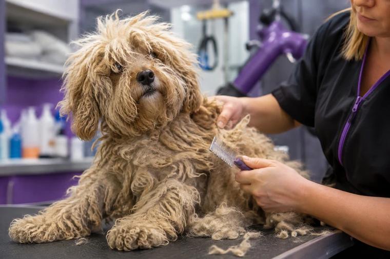 Professional groomer carefully combing out a heavily matted Cavapoo during a dog de-matting session in Maryville, TN