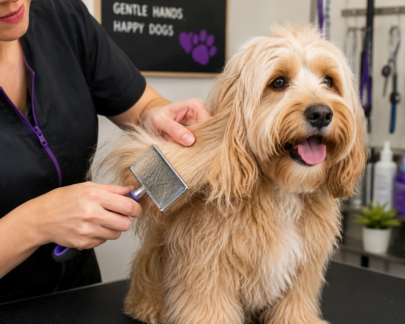 Professional dog groomer gently de-matting a golden doodle's coat with a slicker brush in Maryville, TN