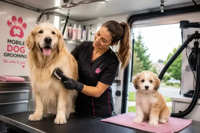 Professional groomer gently grooming a large double-coated dog alongside a small puppy during a mobile dog grooming visit in Maryville, TN