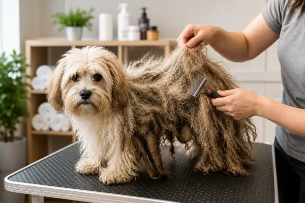 Groomer checking a heavily matted dog's coat with a de-matting comb to assess if it needs professional attention in Maryville, TN