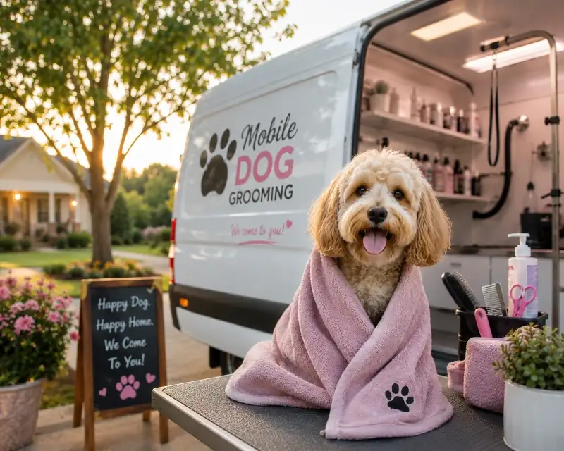 Mobile dog grooming van in Maryville, TN with a happy dog wrapped in a towel after a grooming appointment