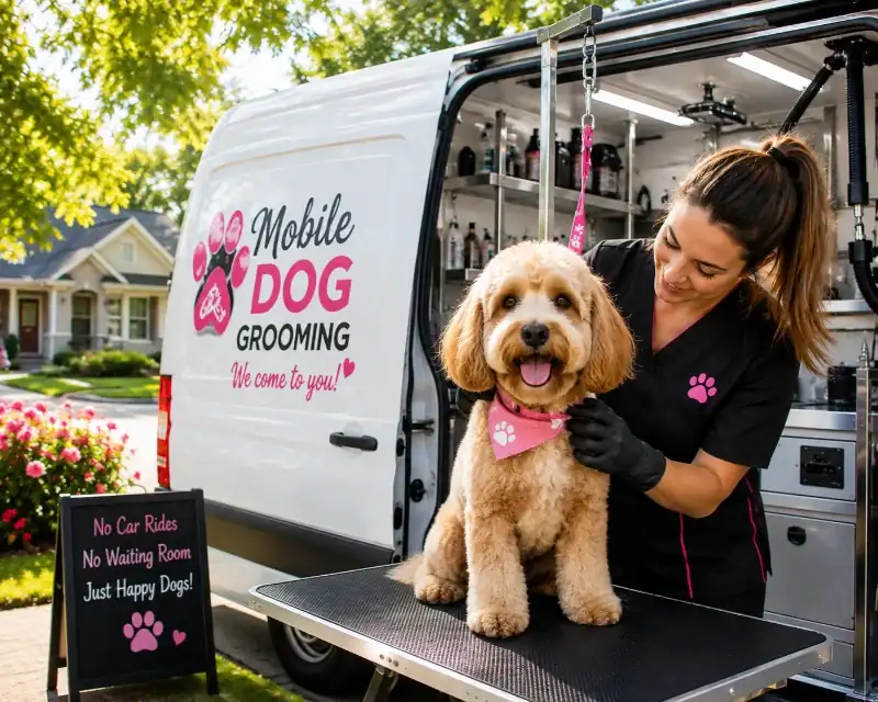 Mobile Dog Grooming Appointment in Maryville, TN Groomer drying a happy cockapoo on the table beside a Mobile Dog Grooming van during an at-home appointment in Maryville, TN
