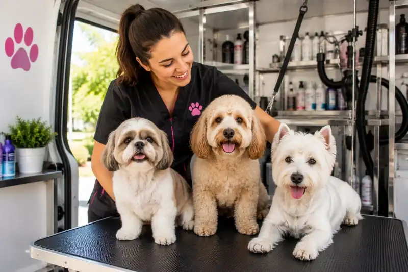 Mobile dog groomer with three freshly groomed dogs together on the grooming table inside a van, showing multiple dogs groomed in the same visit in Maryville, TN
