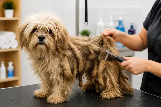 Severely matted small dog having its coat assessed before a bath at a Maryville, TN dog grooming salon