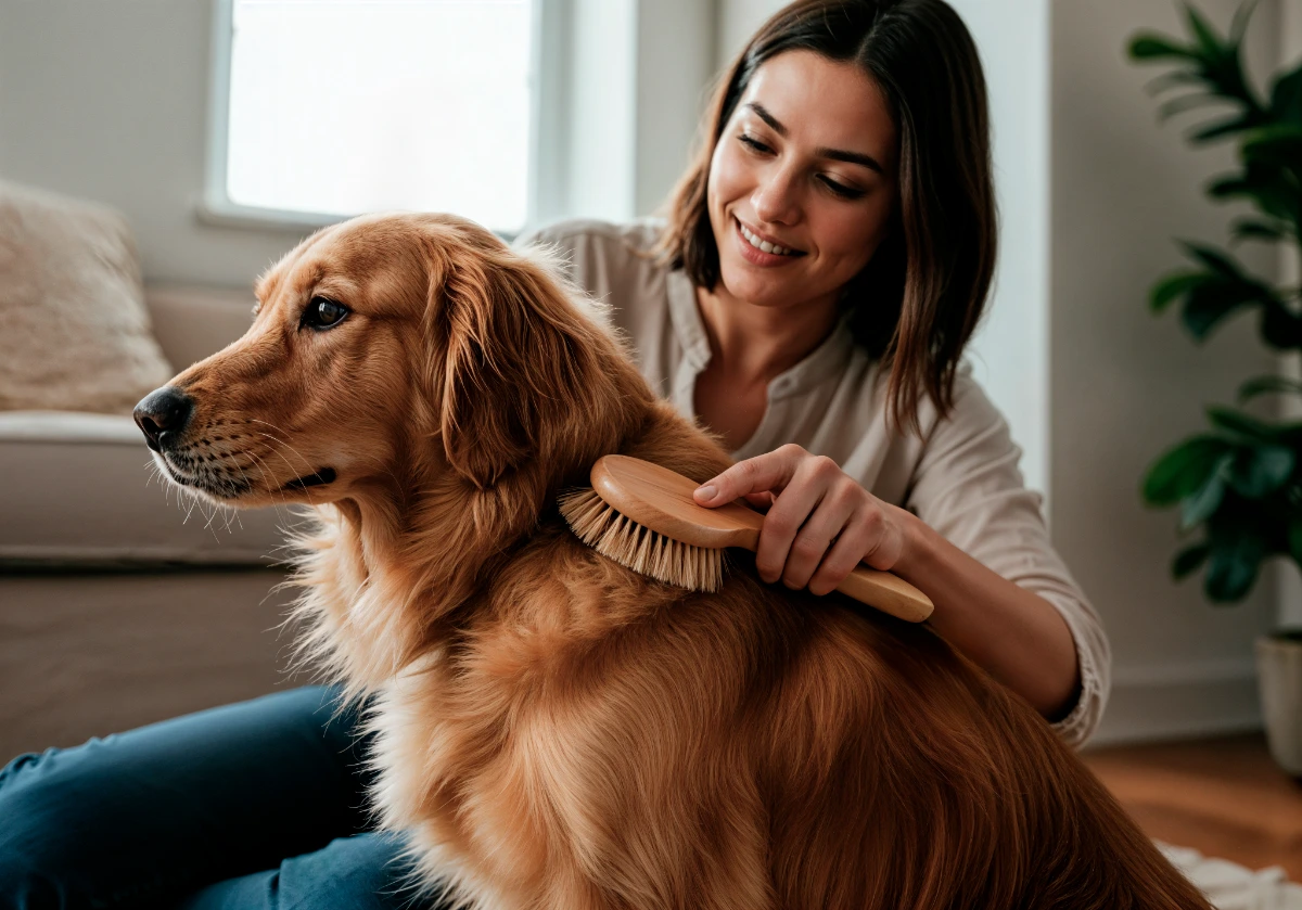 A groomer gently brushing a happy Golden Retriever during a calm dog grooming session in Maryville, TN