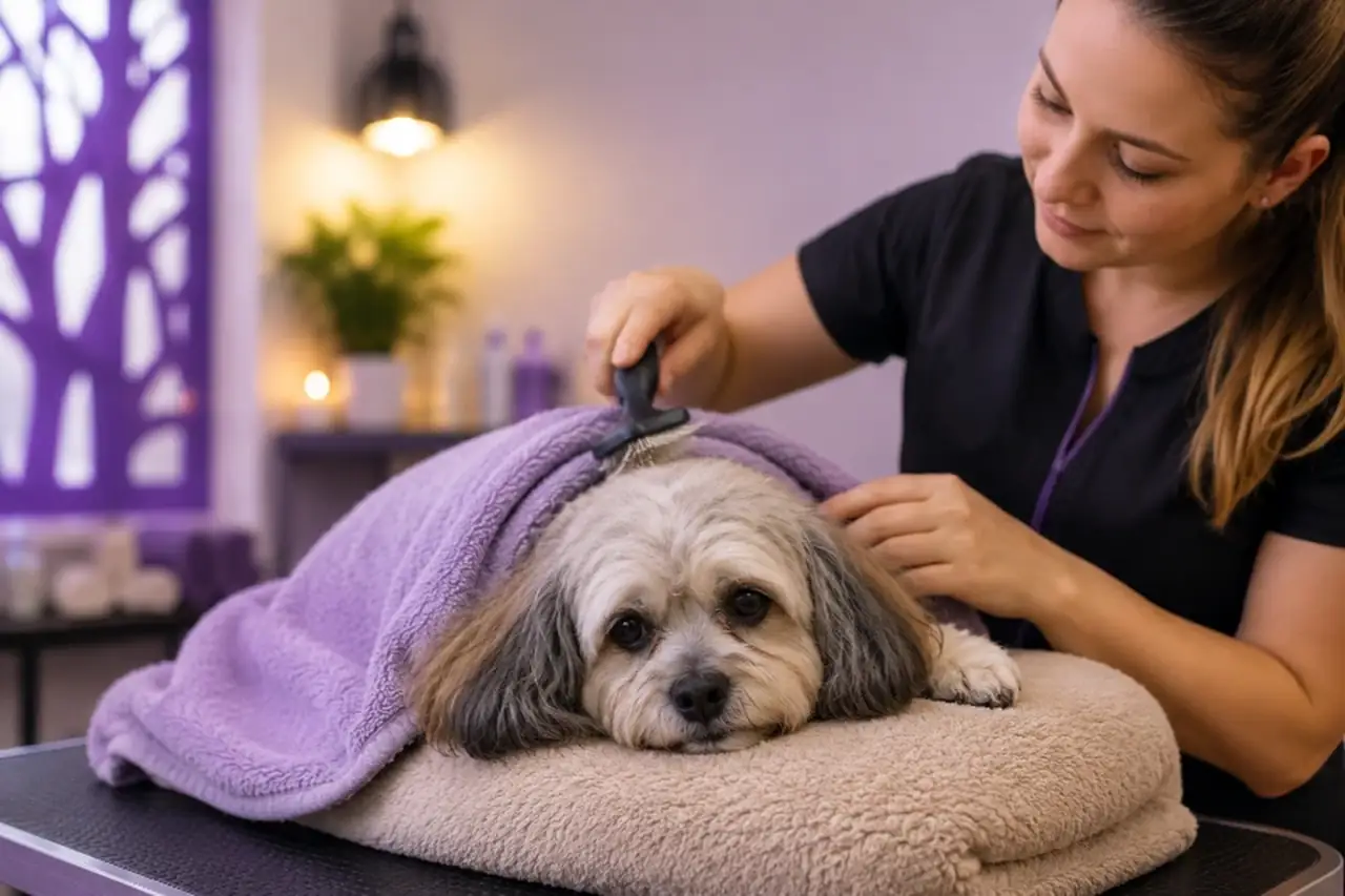 Calm senior dog being gently groomed by a professional groomer during a low-stress senior and anxious dog grooming session in Maryville, TN